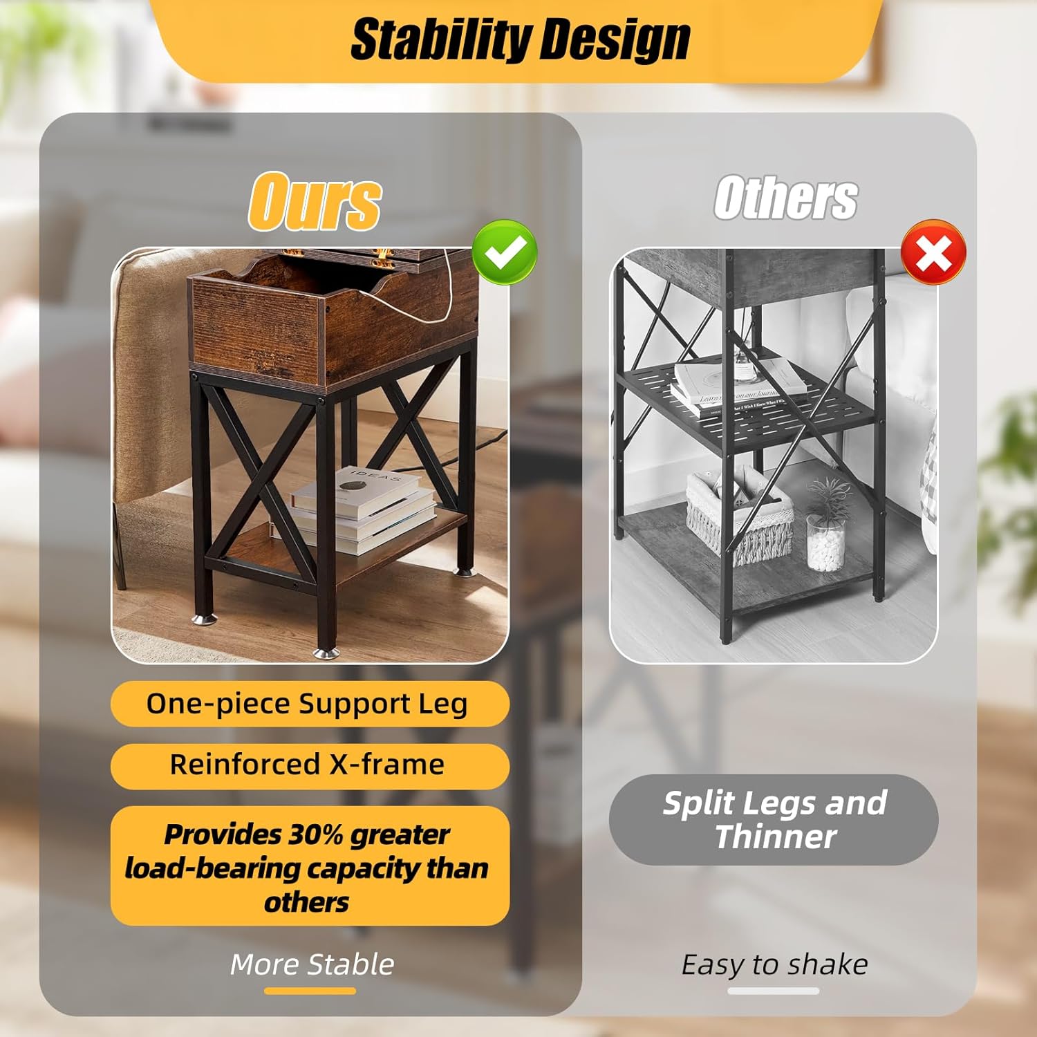 TooCust End Tables Living Room Set of 2, Side Table with Charging Station Flip Top, 11"D x 24"W x 23"H, Narrow Side Table with 5.3" Deep Drawer, Couch End Tables Set of 2, Steel X-Frame, Rustic Brown