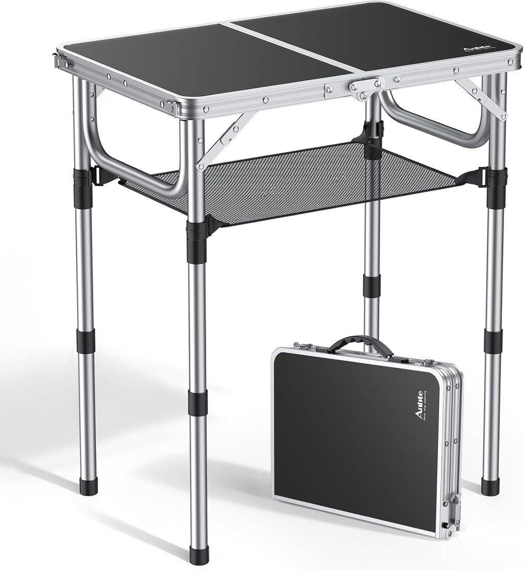 Anbte Folding Camping Table, 24"X 16" Adjustable Height Small Folding Table | Aluminum, with Carrying Handle, Lightweight, Portable Camping Table for Outdoor Indoor Picnic Beach BBQ Grill Patio (Black)