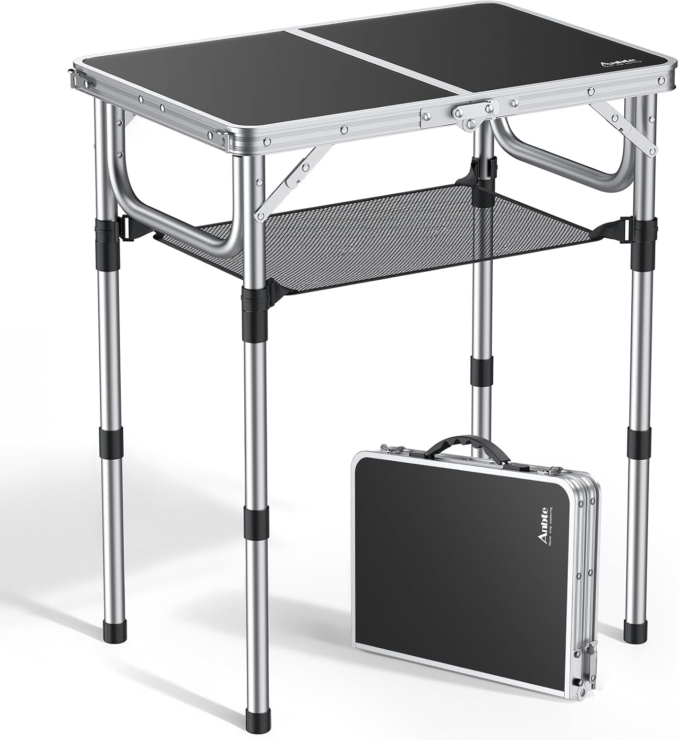 Anbte Folding Camping Table, 24"X 16" Adjustable Height Small Folding Table | Aluminum, with Carrying Handle, Lightweight, Portable Camping Table for Outdoor Indoor Picnic Beach BBQ Grill Patio (Black)