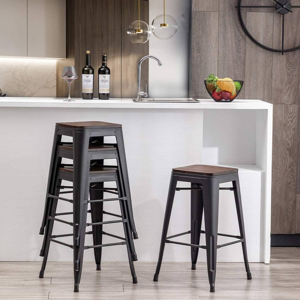 Alunaune 30" Metal Bar Stools Set of 2 Stackable Counter Height Barstools Backless Industrial Kitchen Bar Chairs with Wooden Seat-Matte Black