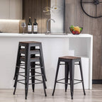 Alunaune 30" Metal Bar Stools Set of 2 Stackable Counter Height Barstools Backless Industrial Kitchen Bar Chairs with Wooden Seat-Matte Black