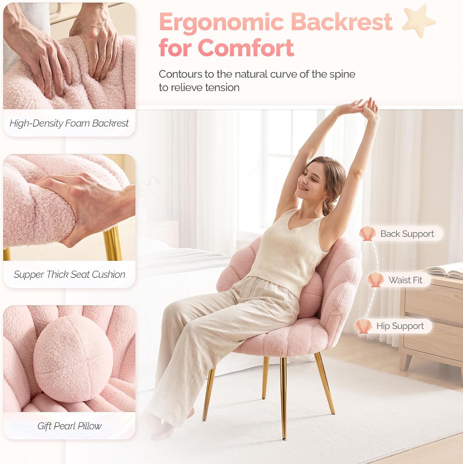 VINGLI Shell-Shaped Teddy Fleece Accent Vanity Chair with Back,Comfy Pink and Gold Desk Chair No Wheels,Cute Small Pearl Deco Pillow,Gift for Girls/Women,for Makeup,Office,Dining,Nail,Sewing,Bedroom