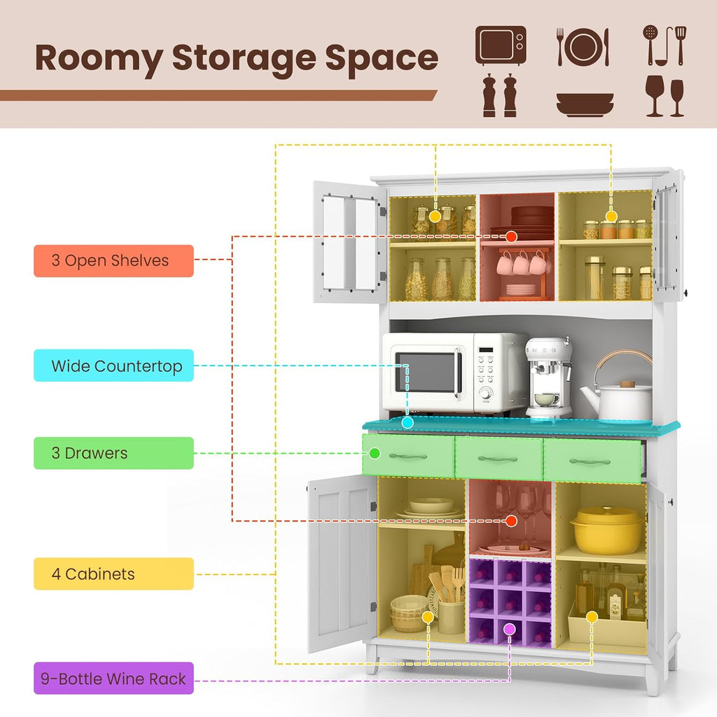 PETSITE Kitchen Pantry Storage Cabinet, Freestanding Microwave Cupboard with Tempered Glass Cabinet, Wine Rack, Adjustable Shelves, Buffet with Hutch for Living Room, Dining Room, White