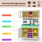 PETSITE Kitchen Pantry Storage Cabinet, Freestanding Microwave Cupboard with Tempered Glass Cabinet, Wine Rack, Adjustable Shelves, Buffet with Hutch for Living Room, Dining Room, White