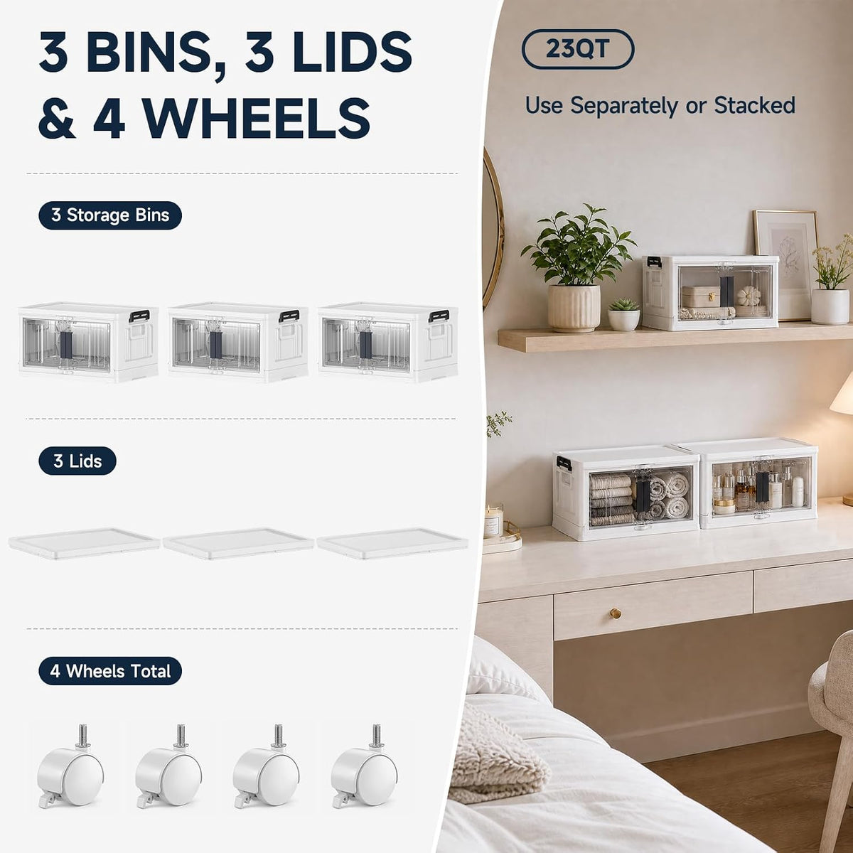 OlarHike 23QT Storage Bins with Lids for Closet, Office, Dorm, 3 Pack