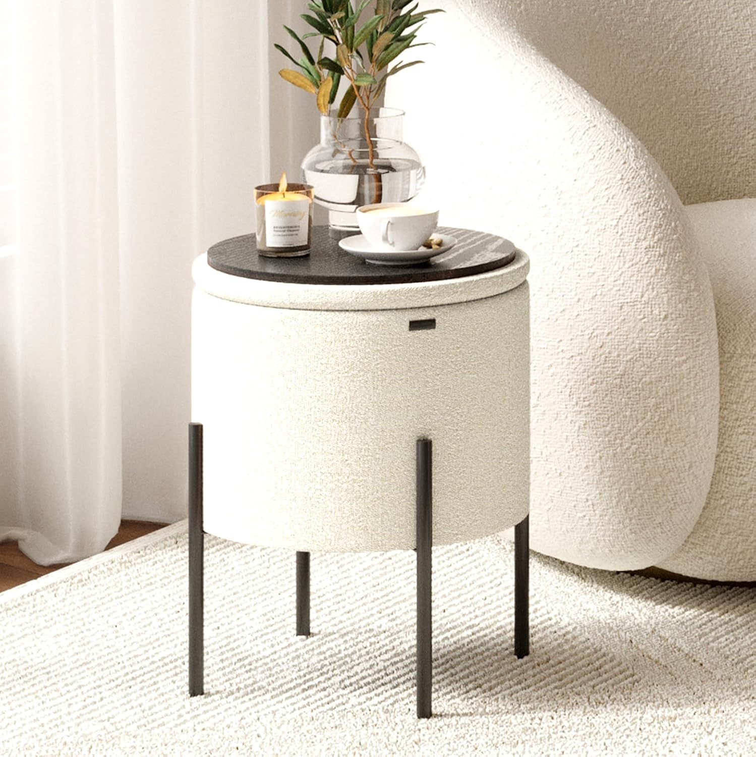 Round Ottoman with Storage, Boucle Storage Ottoman, Foot Stool Ottoman, Makeup Vanity Stool, Small Ottomans Foot Rest, Modern Ottomans for Living Room and Bedroom, Cream