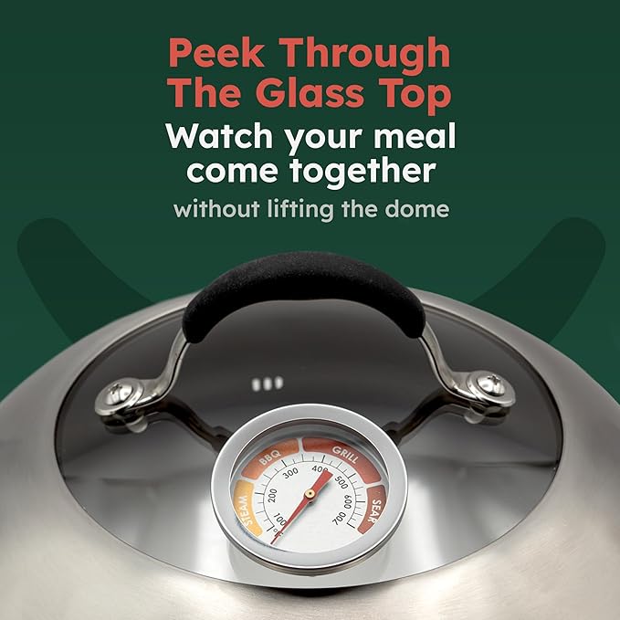 Melting Dome with Thermometer & Glass Top – 12-inch Stainless Steel Griddle Dome - Basting Cover with Steam Vent – Perfect for BBQ, Grilling, Cheese Melting & Family Cooking – 700°F