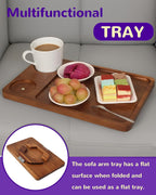 Couch Arm Tray Table with Oversized Cup Holder & Adjustable Phone Stand – Foldable Acacia Wood Sofa Armrest Clip Table for Wide Couches, Recliners, and Living Room Use