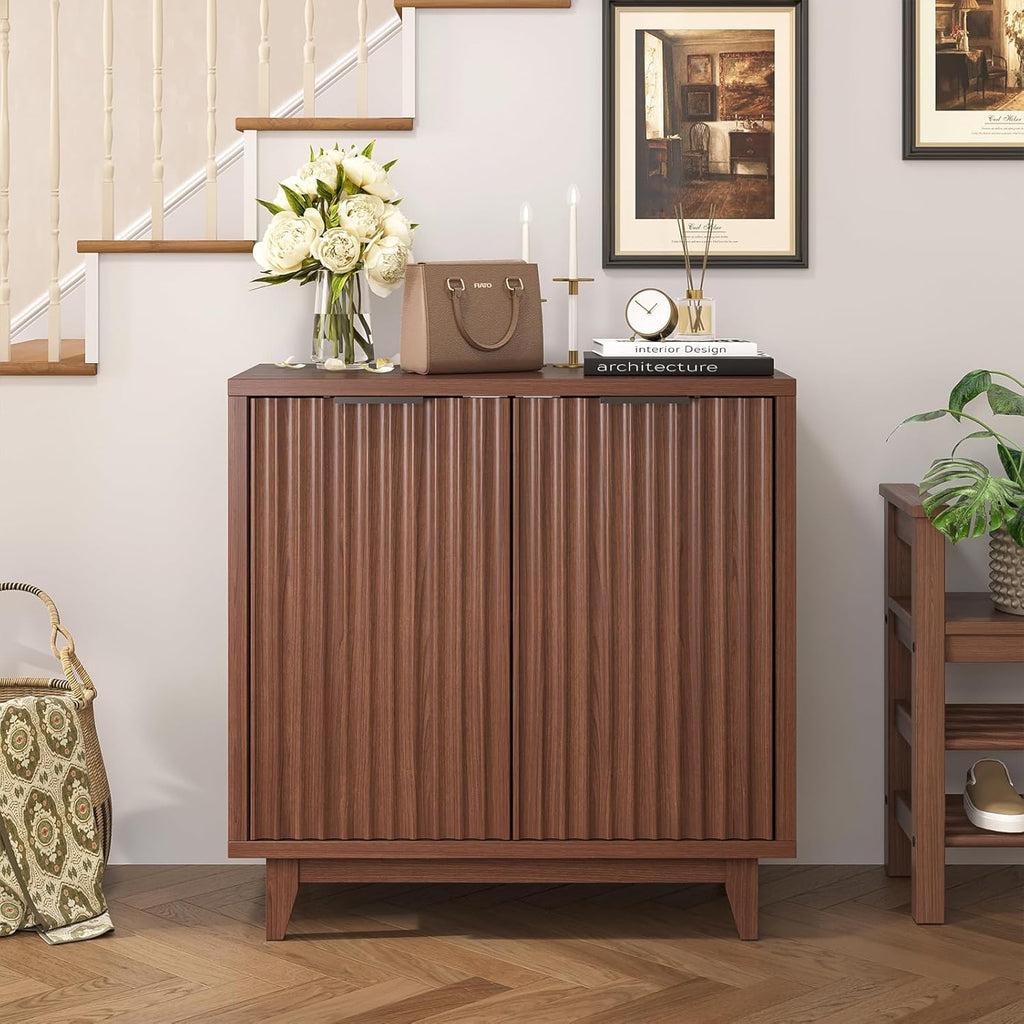 Vabches Modern Fluted Buffet Cabinet with Storage, 31.5" W Sideboard with Solid Wood Legs and Adjustable Shelf, Black Accent Cabinet for Kitchen, Living Room