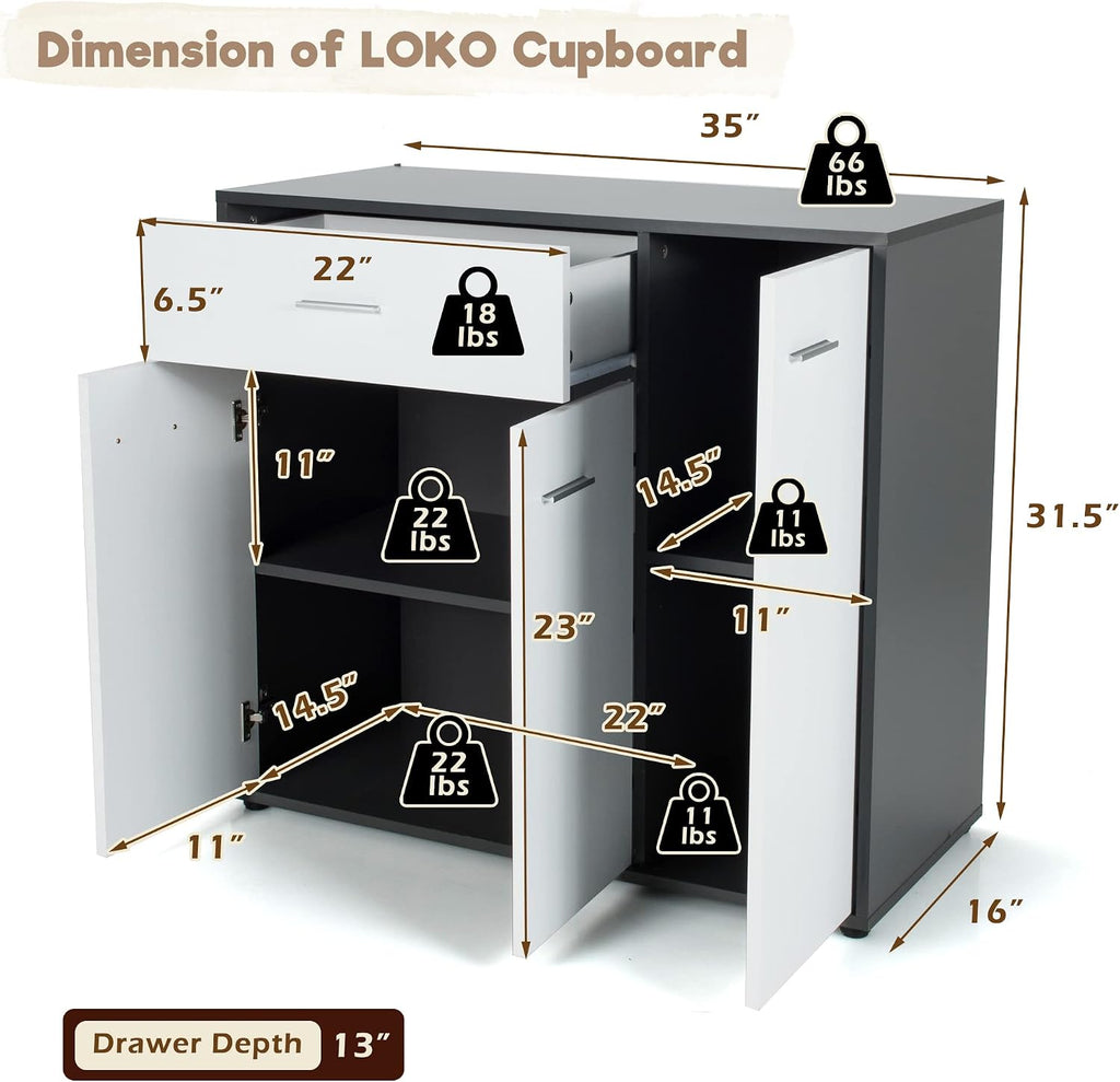 LOKO Buffet Cabinet with Storage, Multifunctional Kitchen Storage Cabinet with Adjustable Shelf & Anti-toppling Devices, Sideboard Side Table in Modern Style, 35 x 16 x 31.5 inches