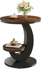 Tribesigns Round End Table, 2 Tiers Side Table with Storage Shelf, Sofa Side Bedside Nightstand with Wood Metal Arc-Shaped Frame for Small Spaces, Living Room, Bedroom, Easy to Assemble, Brown (1PCS)