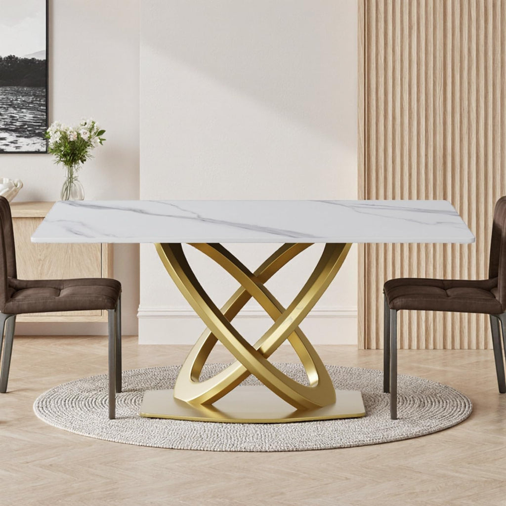 Montary Artificial Marble Dining Table, Modern 63”Sintered Stone Dining Table for 4-6 Seat, White Rectangle Dining Room Table with Gold Double-Ring Stainless Steel Base (Only Table)