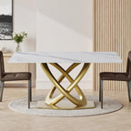 Montary Artificial Marble Dining Table, Modern 63”Sintered Stone Dining Table for 4-6 Seat, White Rectangle Dining Room Table with Gold Double-Ring Stainless Steel Base (Only Table)