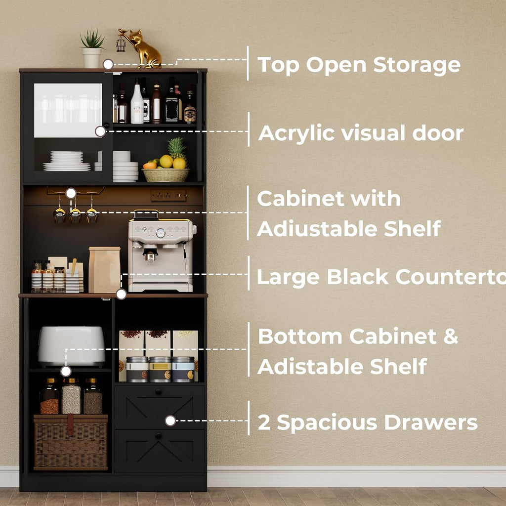 71‘’Kitchen Pantry Storage Cabinet with LED Lights and Power Outlet, Tall Farmhouse Kitchen Hutch with Microwave Stand,Globet Hooks and Adjustable Shelf for Dining Living Room,Black