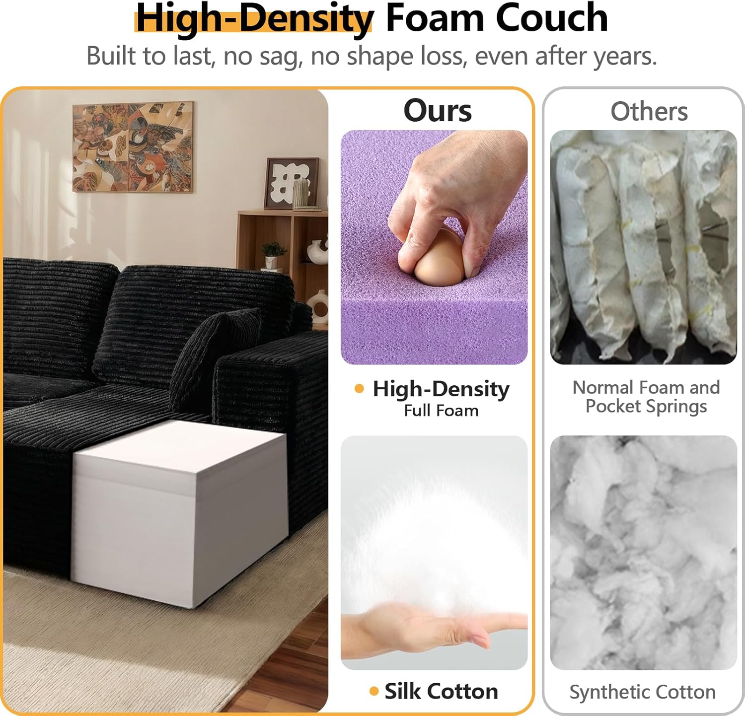 Modular L Shaped Sectional Couch, Cloud Style Sofa with Deep Seat Cushions, Sofa for Living Room and Apartment, Easy Assembly Couch in a Box (Black, 96" L Shape with Right Facing Chaise)