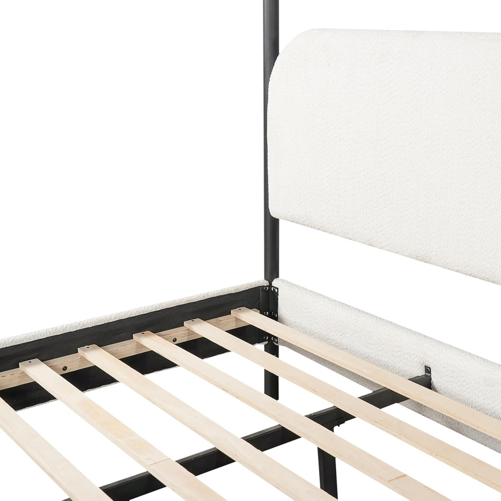 Christopher Knight Home Queen Size Upholstered Canopy Bed Frame with Boucle Fabric, Curved Headboard and Iron Legs, Modern Platform Bed Frame with Slats No Box Spring Needed, White