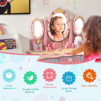 Costzon Kids Vanity Table & Chair Set, 2 in 1 Princess Makeup Dressing Table w/Detachable Top, Toddler Vanity w/Tri-fold Mirror, Drawers & Accessories, Vanity Set for Little Girls, Pink