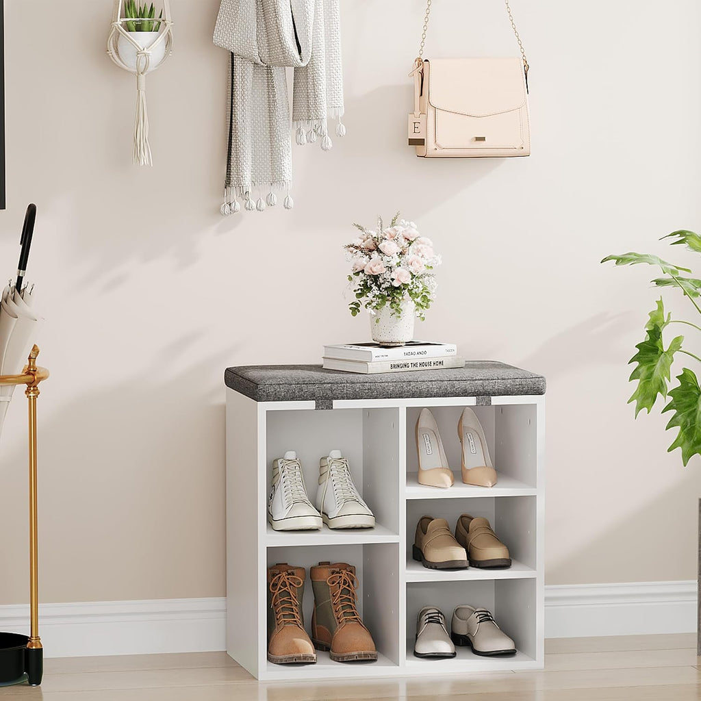 Shoe Bench with Padded Seat, 20'' Shoe Storage Bench with Adjustable Shelves & Side Pockets, 5 Cubes Storage Organizer for Entryway, Porch, Mudroom, Hallway(20''x12''x21''), White