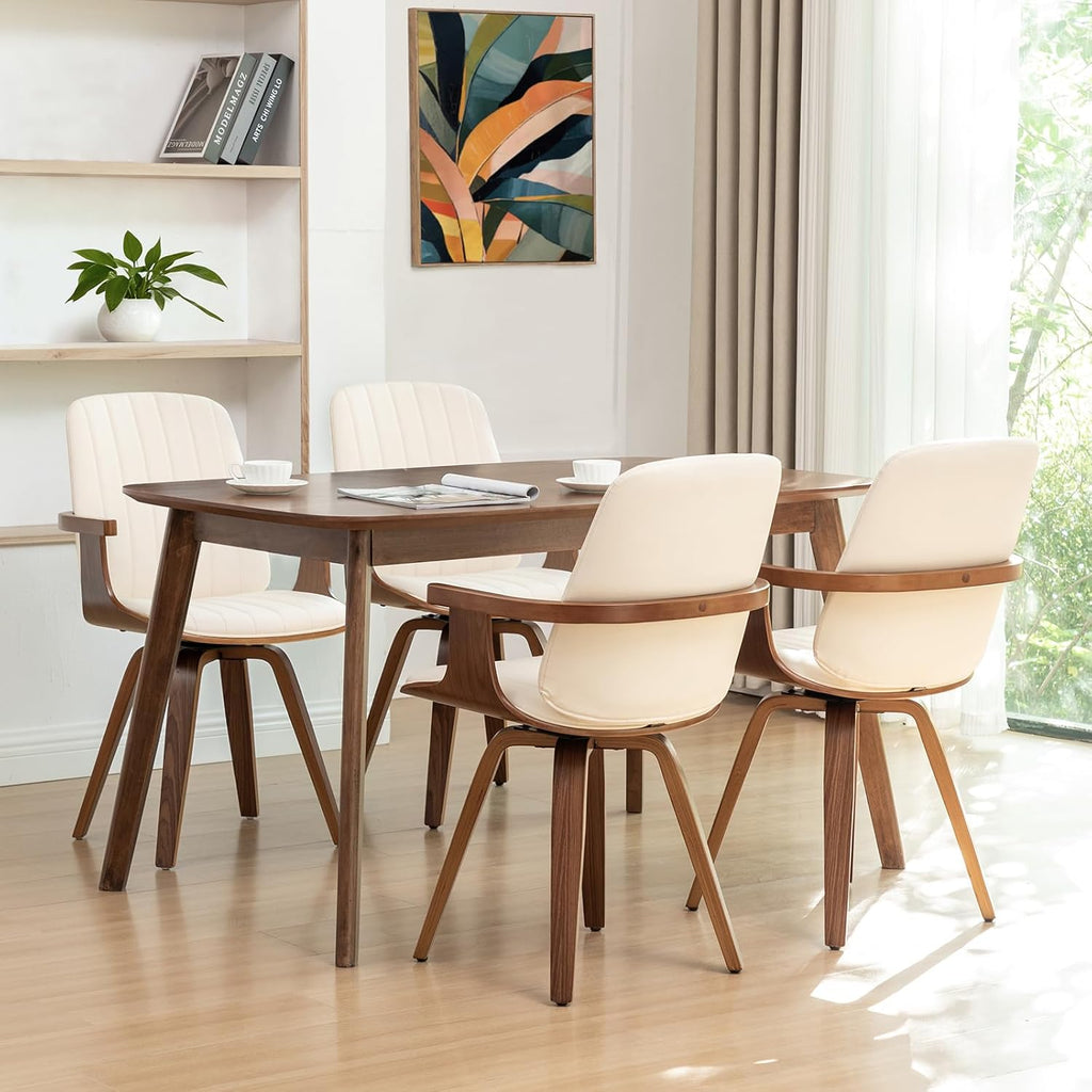 Mid Century Modern Dining Chairs, Swivel Dining Chairs with Arms Walnut | Natural Bentwood Frame, Faux Leather Upholstered Seat , Wooden Arms and Legs, Leather Swivel Chairs for Kitchen, Dining Room