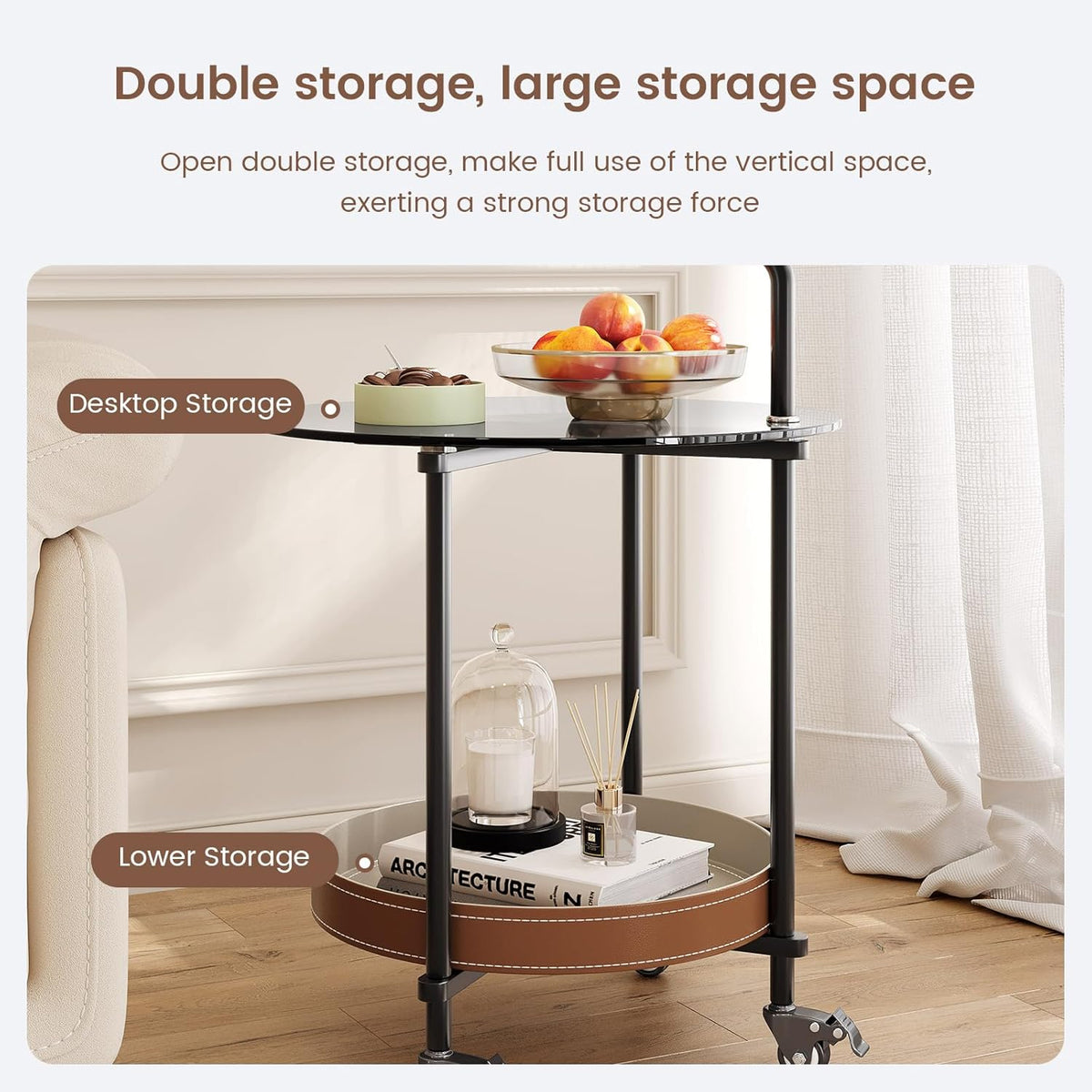 Sofa Side Table, 2-Tier Metal Frame Glass Top End Table on Wheels, Round Beside Tables with Storage Basket and Handle, Space Saving & Easy Assmable