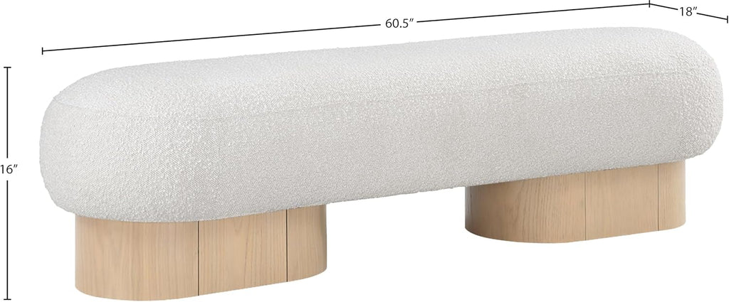 Meridian Furniture 22001Cream Robertson Collection Art Deco Bench with Luxurious Cream Boucle Fabric and Rich Natural Oak Finish, 60.5" W x 18" D x 16" H, Cream