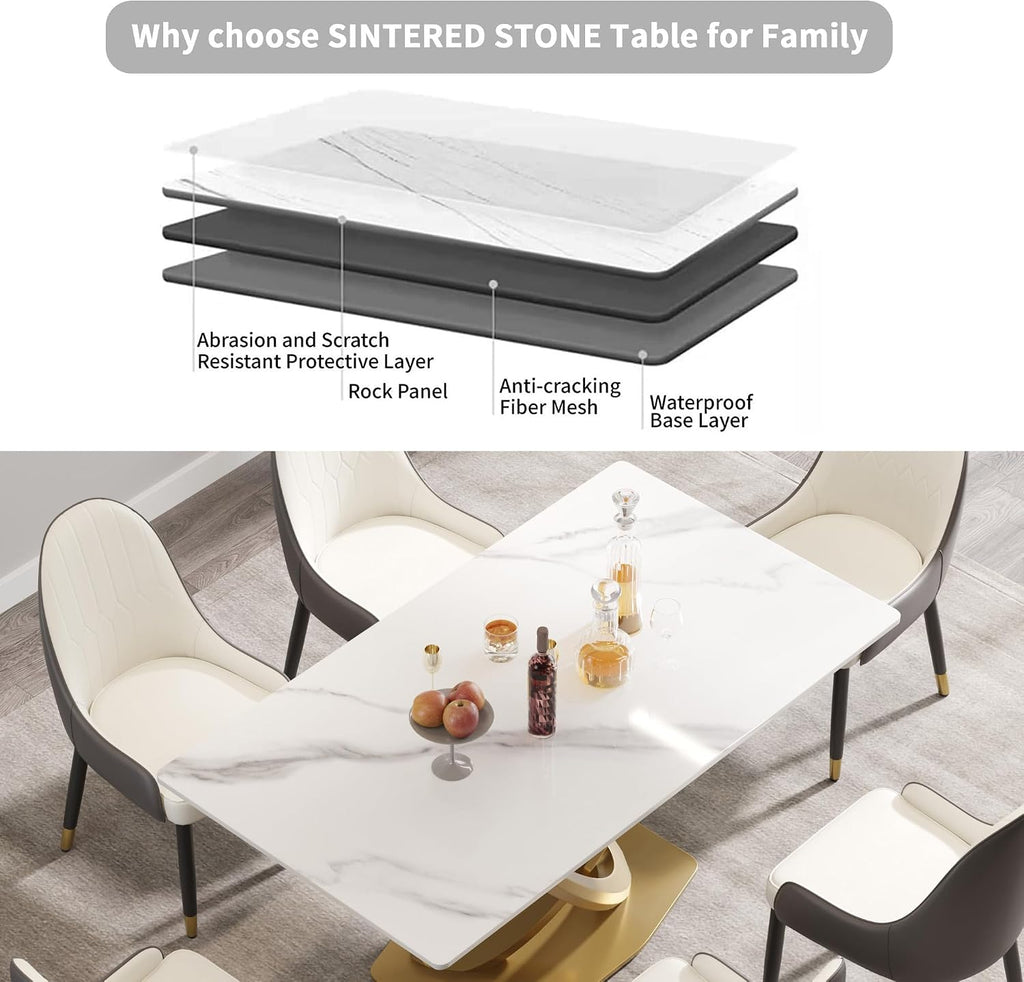 Montary Artificial Marble Dining Table, Modern 63”Sintered Stone Dining Table for 4-6 Seat, White Rectangle Dining Room Table with Gold Double-Ring Stainless Steel Base (Only Table)