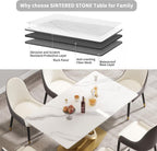 Montary Artificial Marble Dining Table, Modern 63”Sintered Stone Dining Table for 4-6 Seat, White Rectangle Dining Room Table with Gold Double-Ring Stainless Steel Base (Only Table)