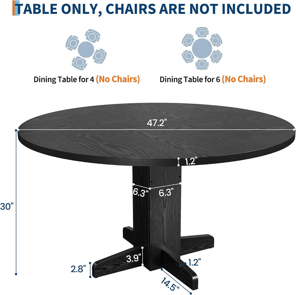 IDEALHOUSE Round Dining Table for 4-6 People, 47" Wood Kitchen Table with Sturdy Pedestal Base, Farmhouse Circle Dinner Tables for Dining Room, Living Room, Apartment, Black