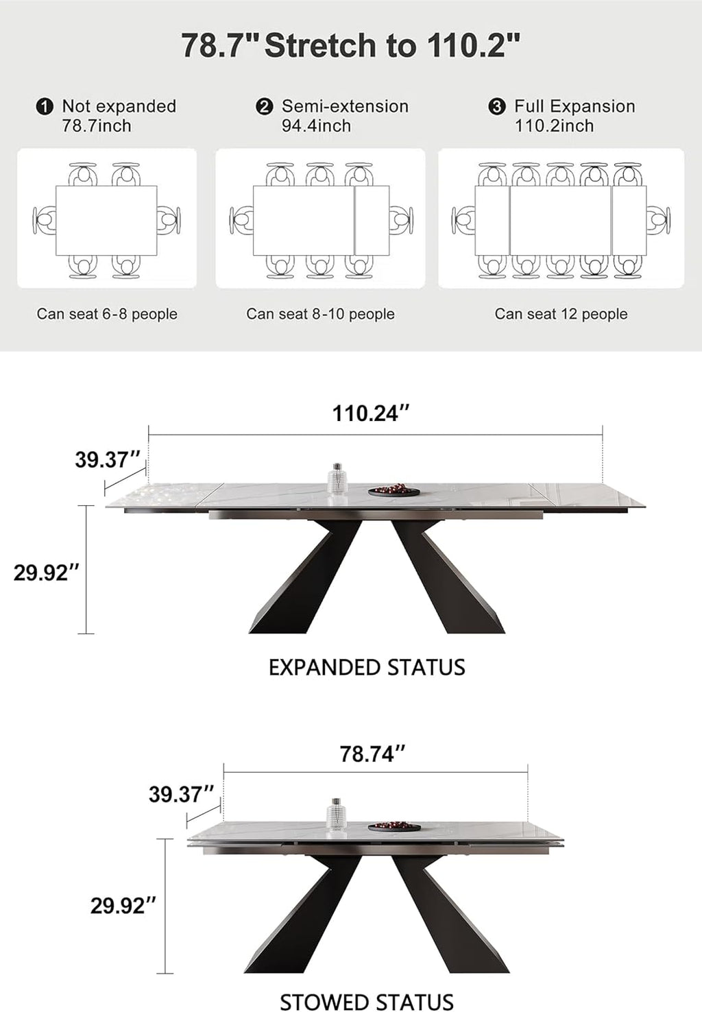 Marble Expandable Table for 8-12 People, 78.74-110.24 Inch Adjustable Length, Heat Resistant Scratch-Resistant Sintered Stone Table Top for Kitchen Dining Room Family Party