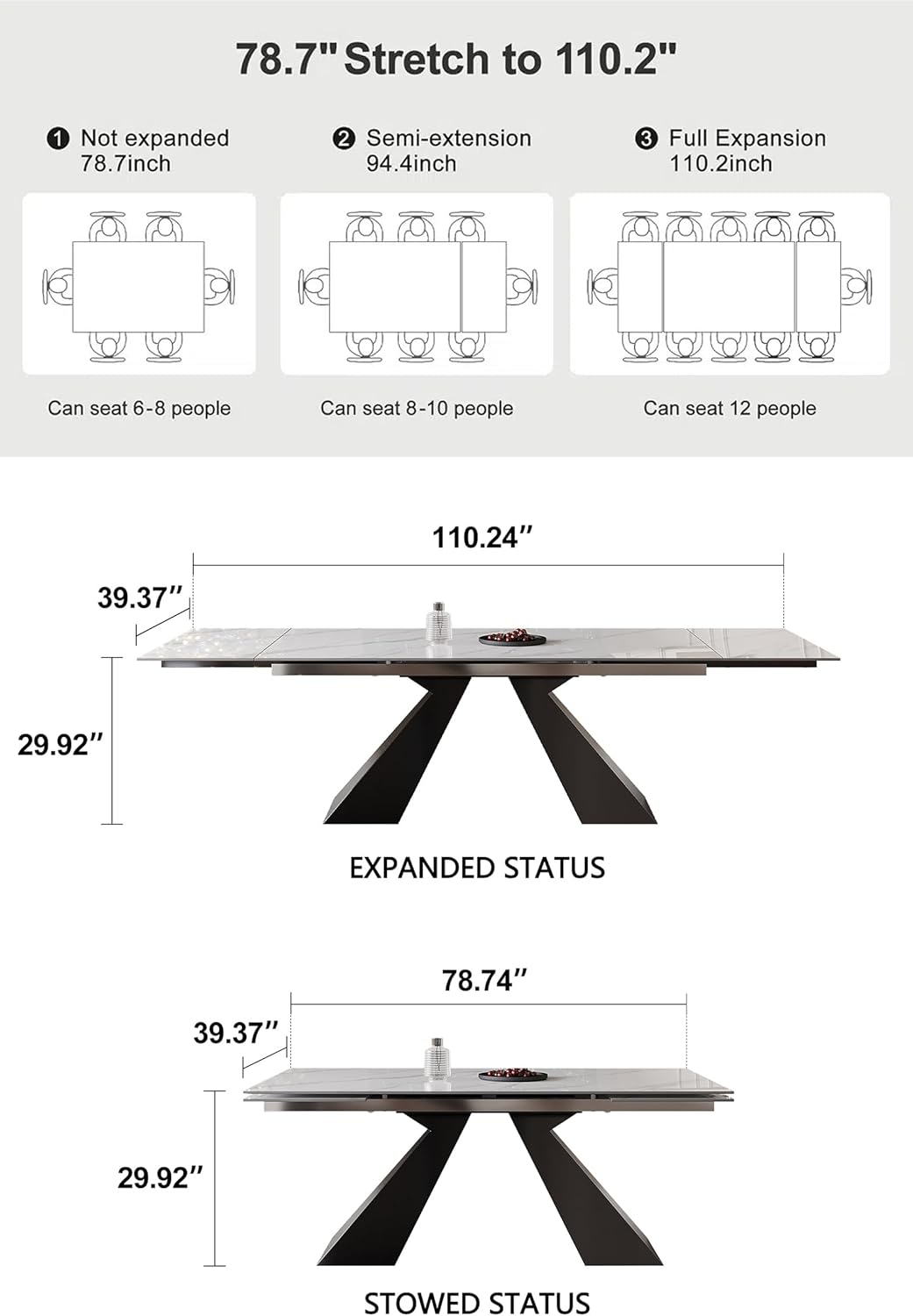 Marble Expandable Table for 8-12 People, 78.74-110.24 Inch Adjustable Length, Heat Resistant Scratch-Resistant Sintered Stone Table Top for Kitchen Dining Room Family Party