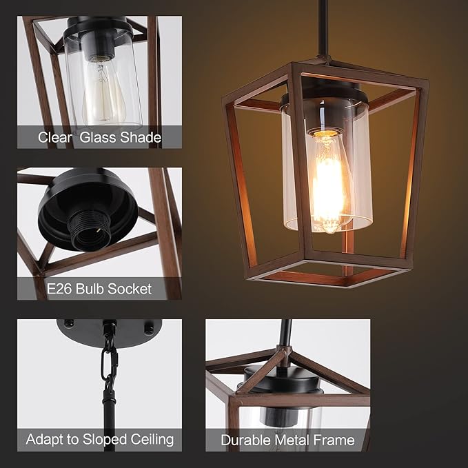 SGLfarmty Farmhouse Bar Pendant Lighting for Kitchen, Single Pendant Island Light with Wooden Finish，Modern Industrial Metal Pendant Light Fixtures，Rustic Ceiling Lantern Hanging Light,1 Pack