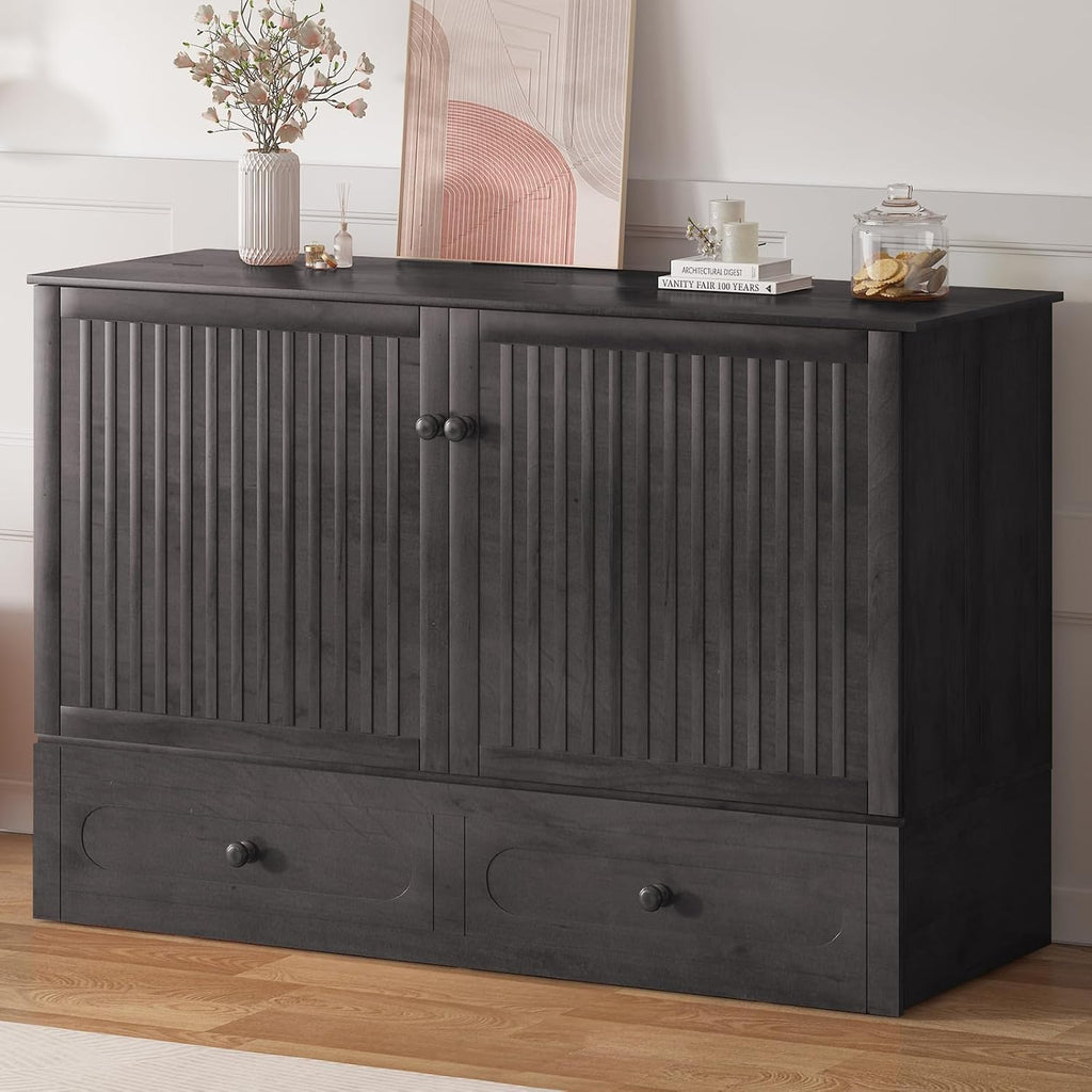 Mjkone Queen Murphy Bed Cabinet with Tri-fold Mattress, Cabinet Bed with Built-in Charging Station, Storage Drawer, Solid Wood Cabinets Bed, Cube Murphy Chest Beds for Guest Room, Home, Office, Grey