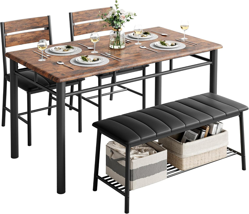 IRONCK Dining Table Set for 4, Kitchen Table and Chairs Set, Rustic Brown | Kitchen Table with Upholstered Bench and 2 Chairs for Small Space, Apartment