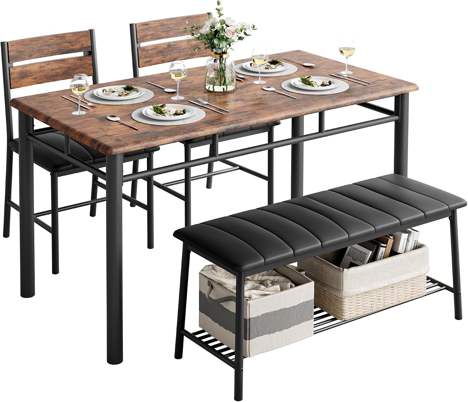 IRONCK Dining Table Set for 4, Kitchen Table and Chairs Set, Rustic Brown | Kitchen Table with Upholstered Bench and 2 Chairs for Small Space, Apartment