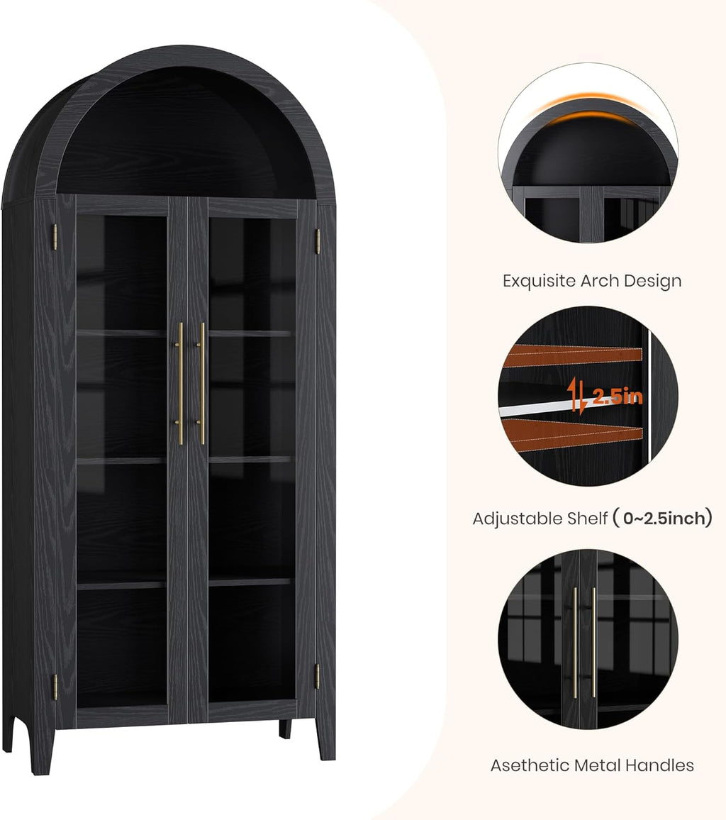 GarveeHome Arched Kitchen Pantry Cabinet - Farmhouse 5 Tier Display Shelf with Adjustable Shelf and 2 Large Glass Doors, Versatile Storage Cupboard for Kitchen, Dining Room, Living Room, Black