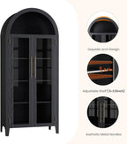 GarveeHome Arched Kitchen Pantry Cabinet - Farmhouse 5 Tier Display Shelf with Adjustable Shelf and 2 Large Glass Doors, Versatile Storage Cupboard for Kitchen, Dining Room, Living Room, Black