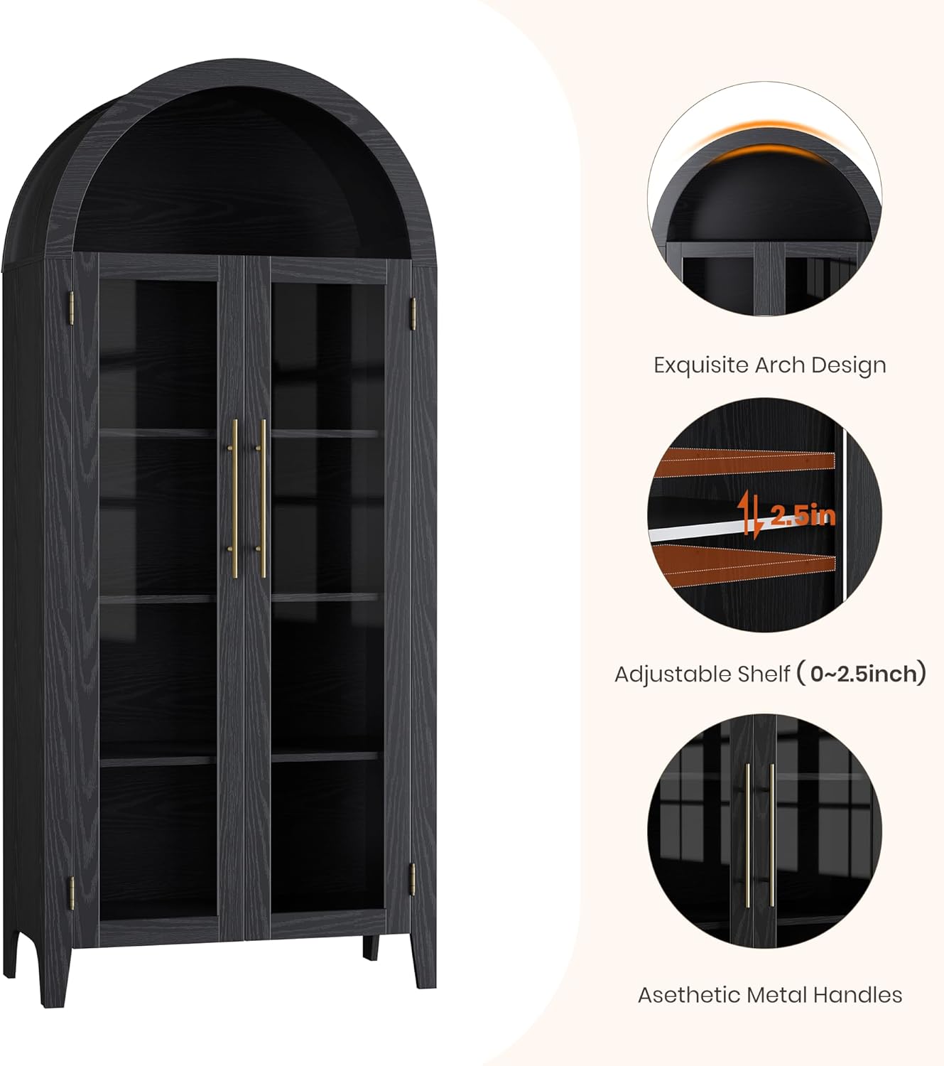 GarveeHome Arched Kitchen Pantry Cabinet - Farmhouse 5 Tier Display Shelf with Adjustable Shelf and 2 Large Glass Doors, Versatile Storage Cupboard for Kitchen, Dining Room, Living Room, Black