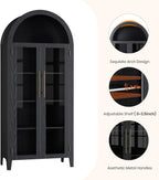 IDEALHOUSE Arched Kitchen Pantry Cabinet with Glass Doors, 5-Tier Farmhouse Display Cabinet with Adjustable Shelves, Versatile Storage Cupboard Organizer for Bathroom, Dining Room, Living Room, Black