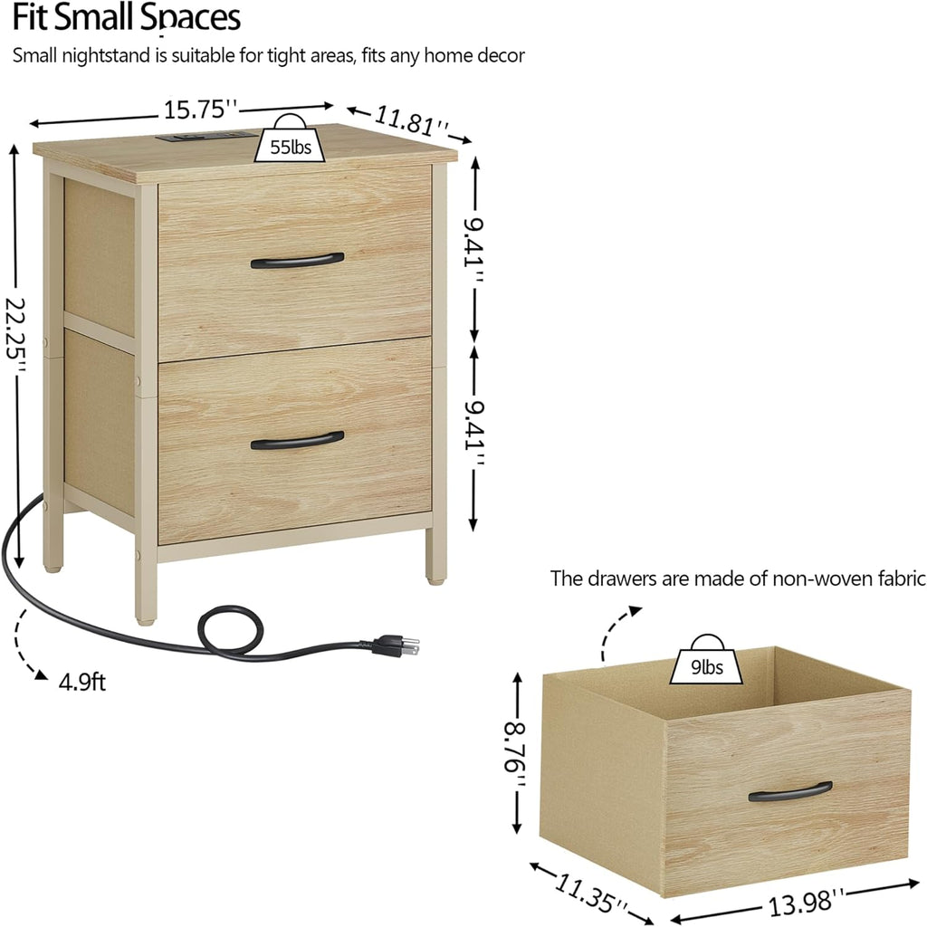 Vagusicc Nightstand Set of 2 with Charging Station, End Table Bedside Table with Power Outlet & USB Ports, Side Table with 2 Fabric Drawers for Bedroom, Living Room, Natural