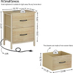 Vagusicc Nightstand Set of 2 with Charging Station, End Table Bedside Table with Power Outlet & USB Ports, Side Table with 2 Fabric Drawers for Bedroom, Living Room, Natural