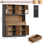 FINETONES 71" Pantry Cabinet with LED Light and Charging Station | Farmhouse Kitchen Pantry Cabinet with Microwave Stand, 47.2" Wide Kitchen Hutch Food Pantry with Open Countertop, Black/Brown