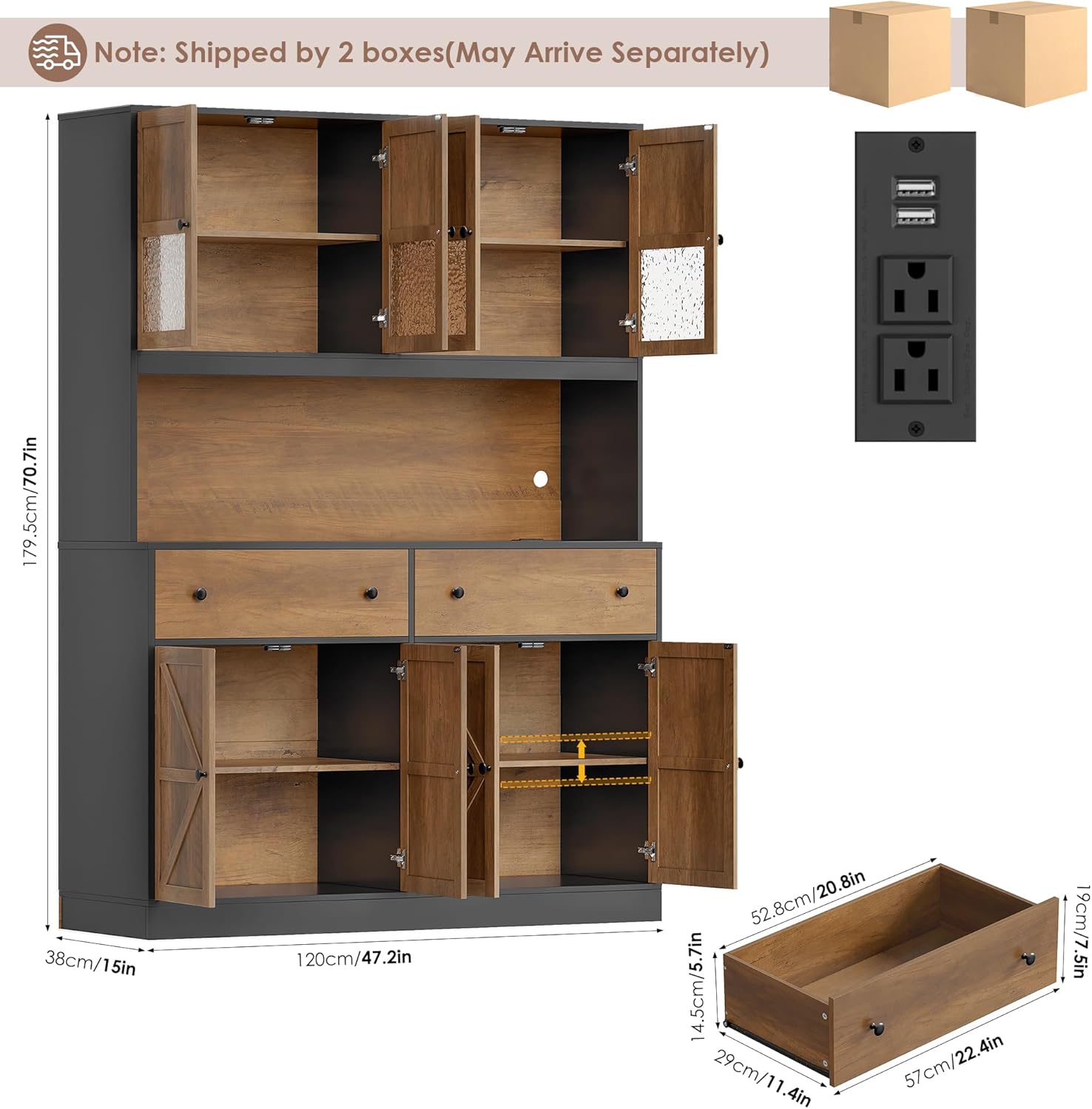 FINETONES 71" Pantry Cabinet with LED Light and Charging Station | Farmhouse Kitchen Pantry Cabinet with Microwave Stand, 47.2" Wide Kitchen Hutch Food Pantry with Open Countertop, Black/Brown