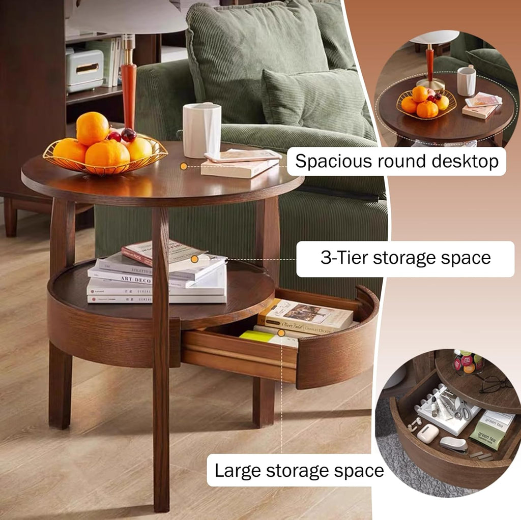 YUNMUAIR-Round Side Table with Drawer,2-Tier Vintage End Table with Storage,Natural Solid Wood Nightstand,19.69-inch Tall Side Tables,Mid-Century Modern End Tables for Living Room,Bedroom