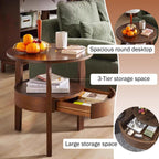 YUNMUAIR-Round Side Table with Drawer,2-Tier Vintage End Table with Storage,Natural Solid Wood Nightstand,19.69-inch Tall Side Tables,Mid-Century Modern End Tables for Living Room,Bedroom