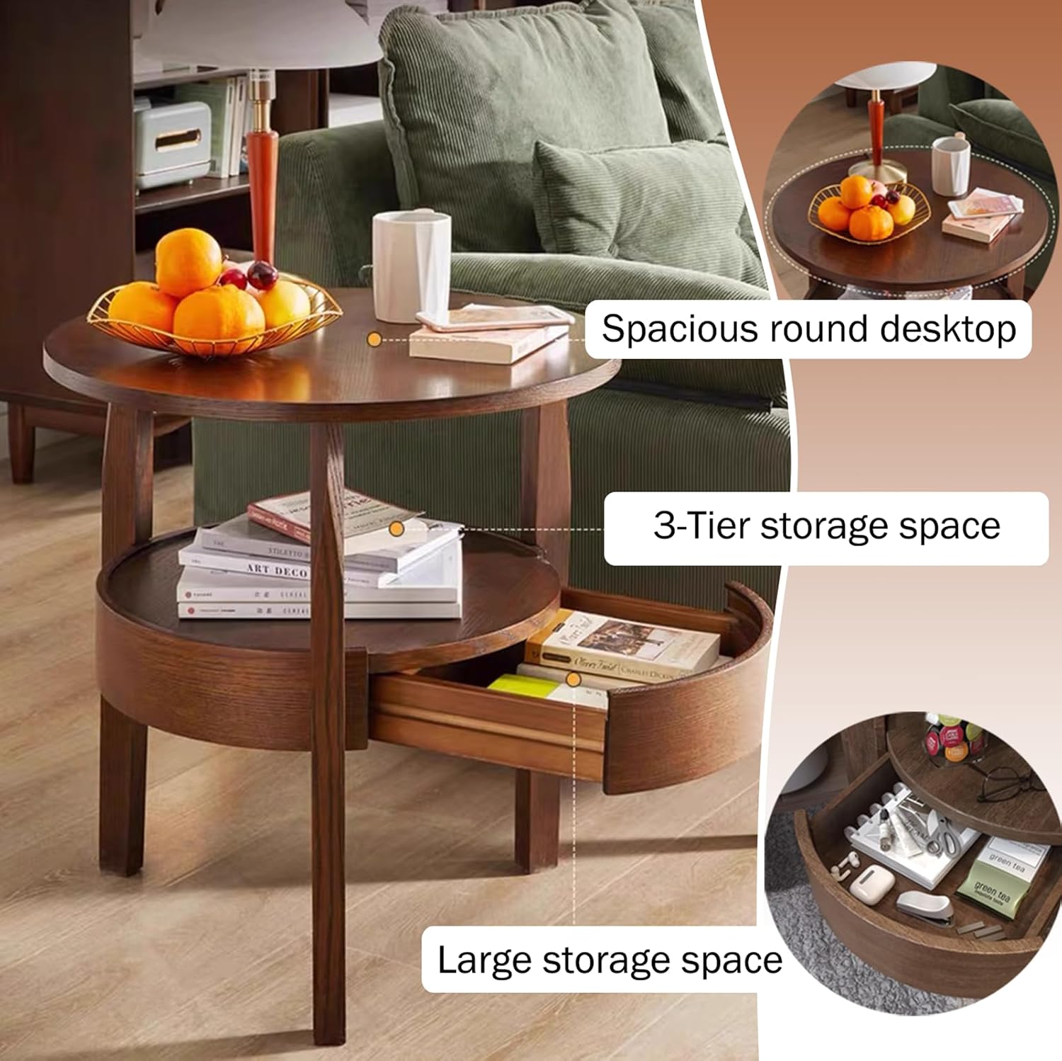 YUNMUAIR-Round Side Table with Drawer,2-Tier Vintage End Table with Storage,Natural Solid Wood Nightstand,19.69-inch Tall Side Tables,Mid-Century Modern End Tables for Living Room,Bedroom