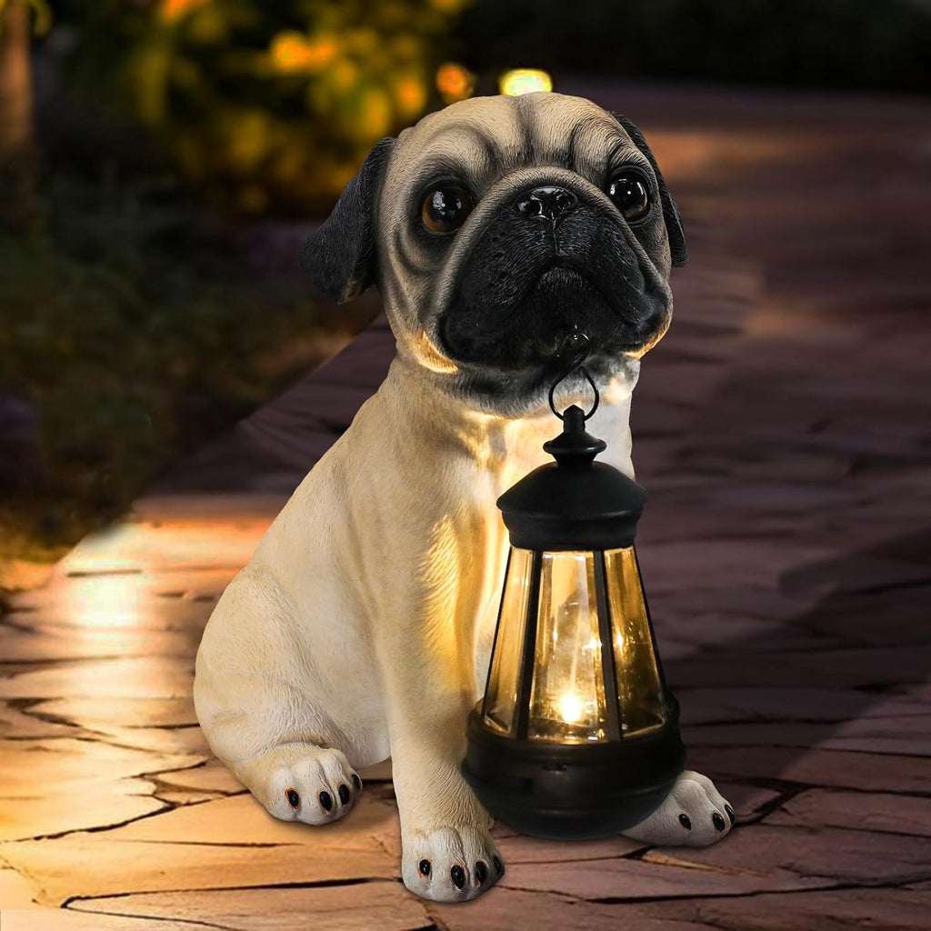 Afirst Solar Dog Garden Statue with Solar Lantern Outdoor Garden Pug Statues Figurines Lights Decorations for Patio Balcony Yard Ornament Outdoor Decor Gift