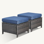 Patio Ottomans Set of 2 Outdoor Ottomans Wicker Foot Stools 2 Piece Footrest PE Rattan Ottomans with Thickened Cushions for Patio Garden Porch Balcony Poolside Deck, Brown|Blue