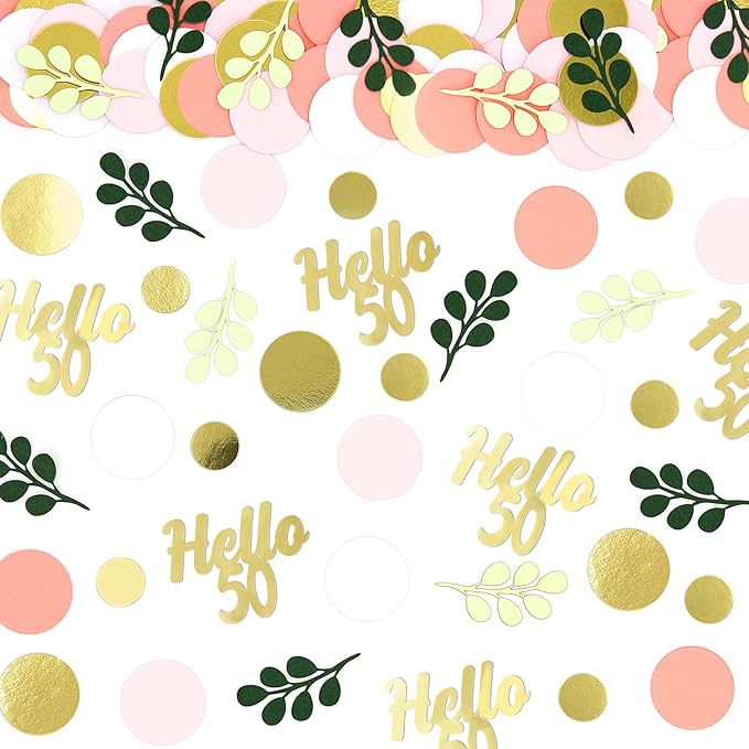 300PC 50TH Birthday Confetti for Table Pink and Sage Green Happy 50TH Birthday Decorations for Women Dots Hello 50 Confetti Scatters Fifty and Fabulous Party Decor Supplies
