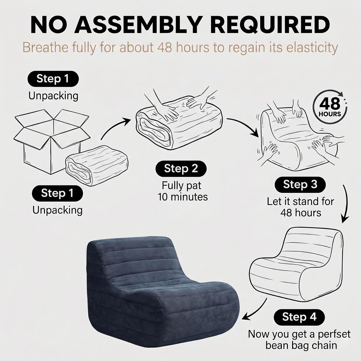 Memory Foam Bean Bag Chair, Gray | Compact Lazy Sofa Sack & Floor Couch, Soft Supportive Seat for Bedroom Living Room Office & Home Use