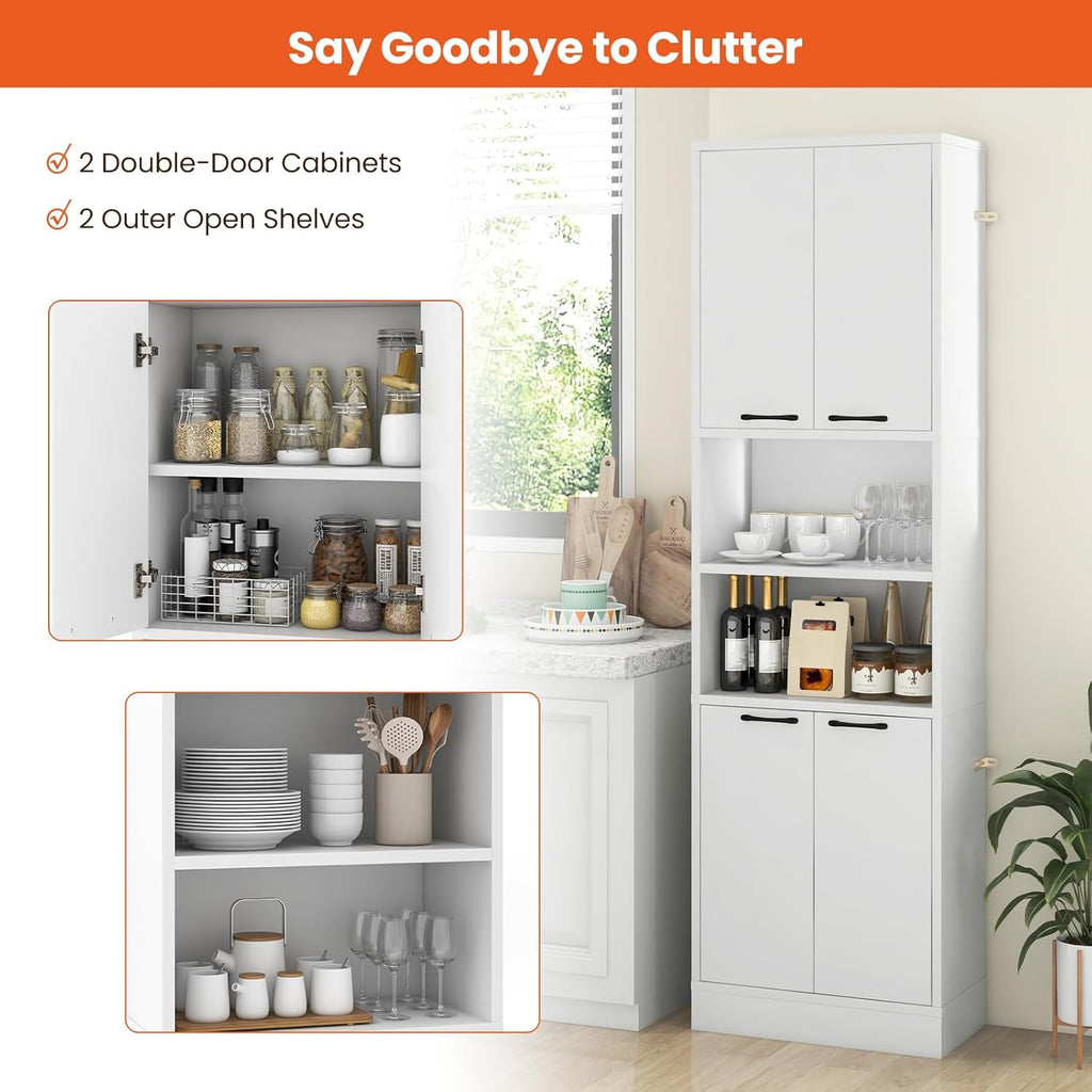Giantex Kitchen Pantry Cabinet, 75” Tall Freestanding Cupboard with Doors & Shelves, Safety Hinges & Anti-Tipping Devices, Storage Sideboard for Dining Room, Living Room (White)